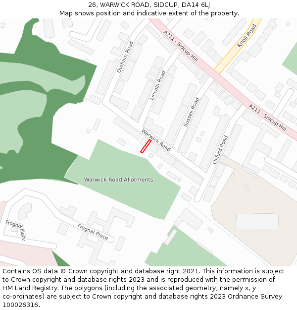 26, WARWICK ROAD, SIDCUP, DA14 6LJ: Location map and indicative extent of plot