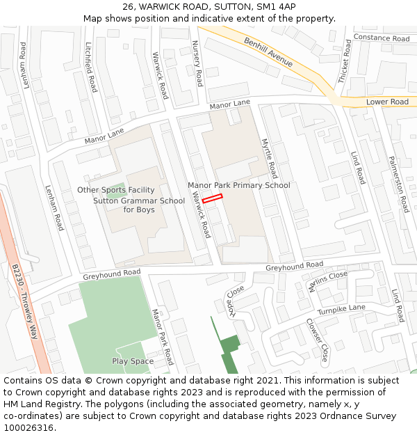 26, WARWICK ROAD, SUTTON, SM1 4AP: Location map and indicative extent of plot