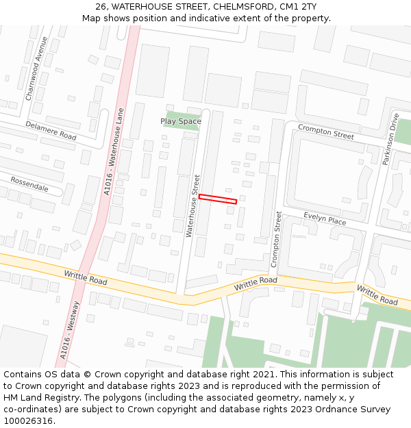 26, WATERHOUSE STREET, CHELMSFORD, CM1 2TY: Location map and indicative extent of plot