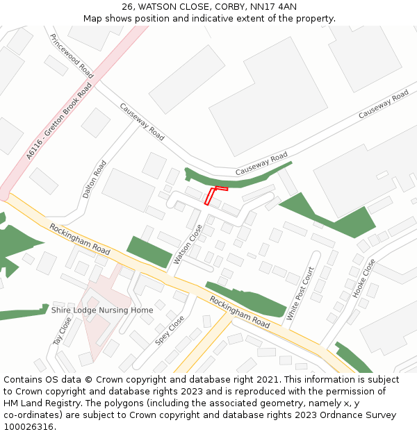 26, WATSON CLOSE, CORBY, NN17 4AN: Location map and indicative extent of plot
