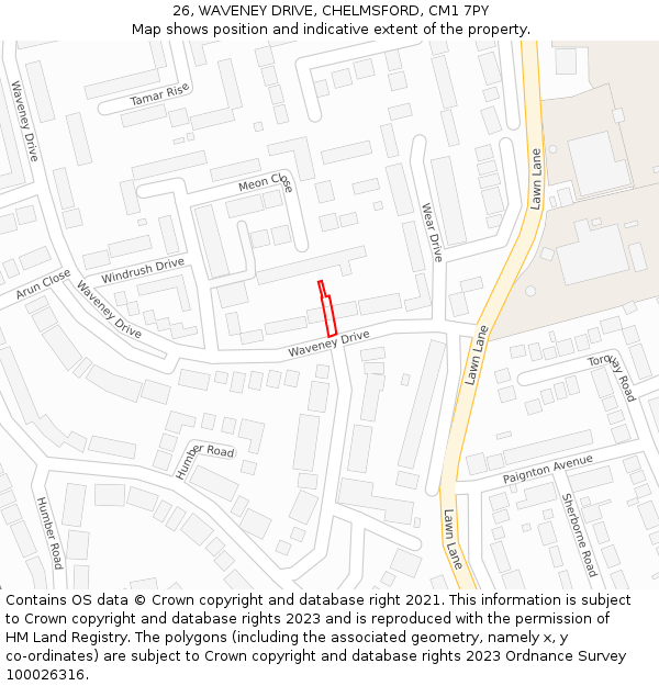 26, WAVENEY DRIVE, CHELMSFORD, CM1 7PY: Location map and indicative extent of plot