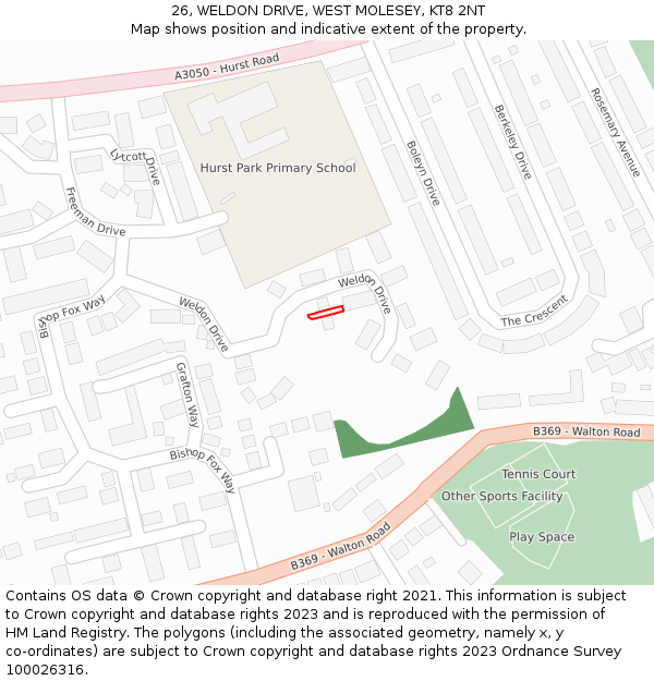 26, WELDON DRIVE, WEST MOLESEY, KT8 2NT: Location map and indicative extent of plot