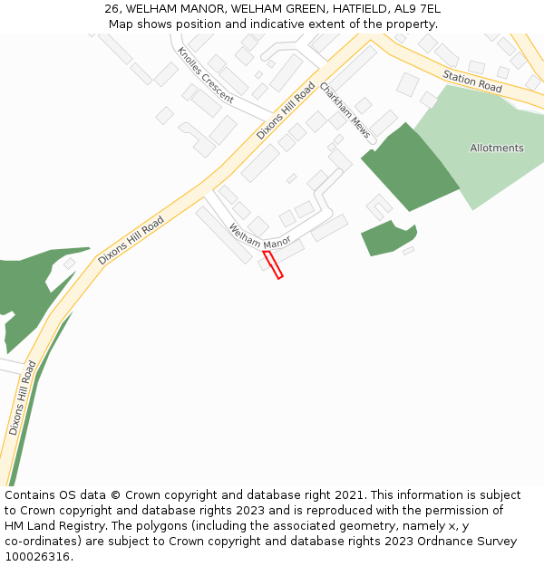 26, WELHAM MANOR, WELHAM GREEN, HATFIELD, AL9 7EL: Location map and indicative extent of plot