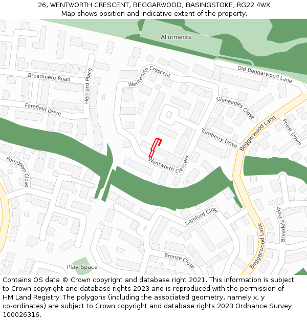 26, WENTWORTH CRESCENT, BEGGARWOOD, BASINGSTOKE, RG22 4WX: Location map and indicative extent of plot