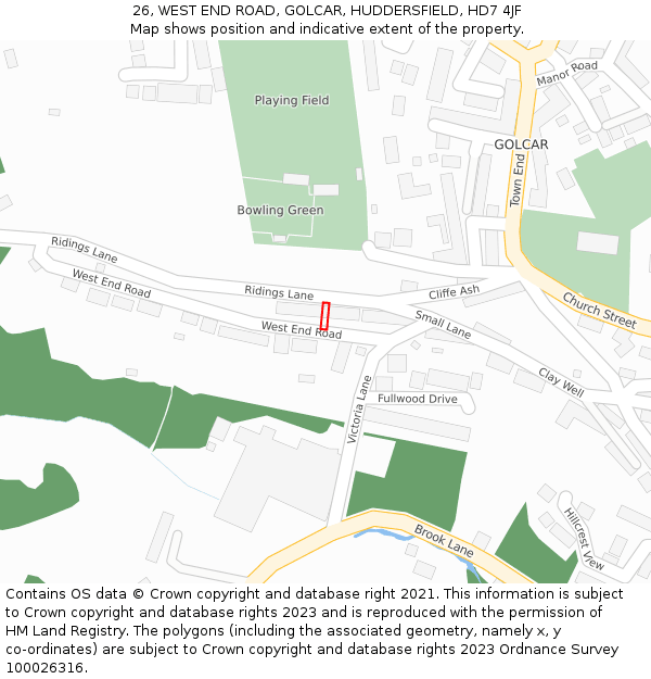 26, WEST END ROAD, GOLCAR, HUDDERSFIELD, HD7 4JF: Location map and indicative extent of plot