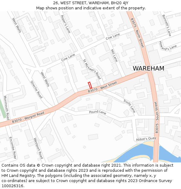 26, WEST STREET, WAREHAM, BH20 4JY: Location map and indicative extent of plot