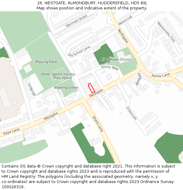 26, WESTGATE, ALMONDBURY, HUDDERSFIELD, HD5 8XJ: Location map and indicative extent of plot