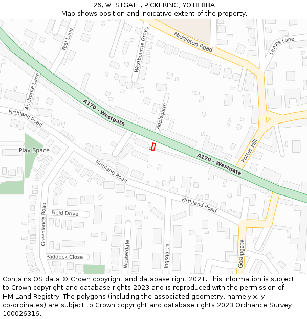 26, WESTGATE, PICKERING, YO18 8BA: Location map and indicative extent of plot