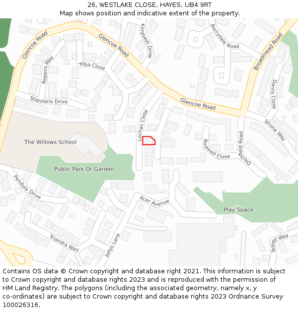 26, WESTLAKE CLOSE, HAYES, UB4 9RT: Location map and indicative extent of plot