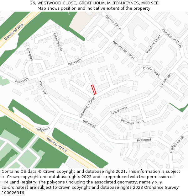 26, WESTWOOD CLOSE, GREAT HOLM, MILTON KEYNES, MK8 9EE: Location map and indicative extent of plot