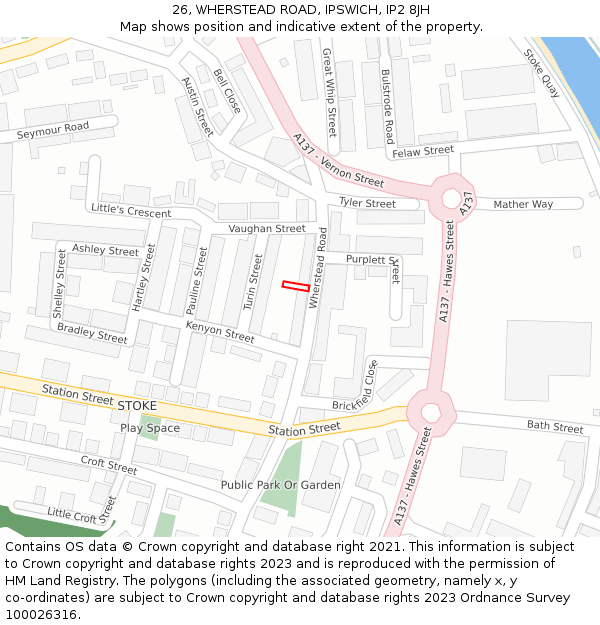26, WHERSTEAD ROAD, IPSWICH, IP2 8JH: Location map and indicative extent of plot