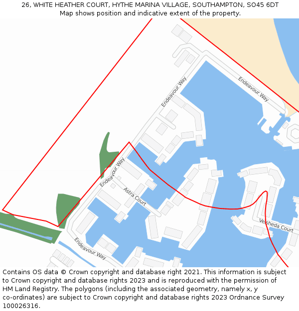 26, WHITE HEATHER COURT, HYTHE MARINA VILLAGE, SOUTHAMPTON, SO45 6DT: Location map and indicative extent of plot