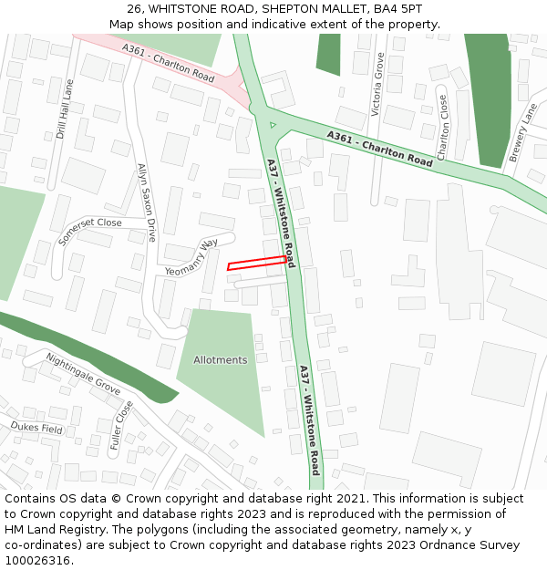 26, WHITSTONE ROAD, SHEPTON MALLET, BA4 5PT: Location map and indicative extent of plot