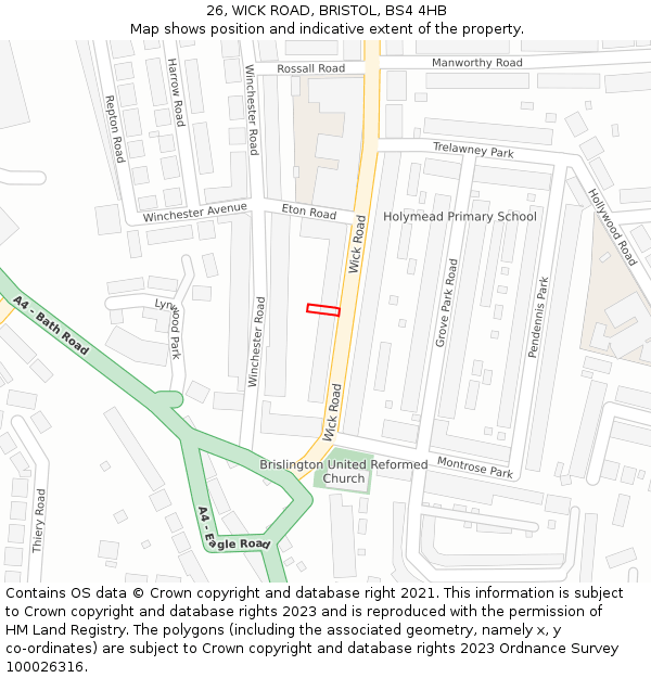 26, WICK ROAD, BRISTOL, BS4 4HB: Location map and indicative extent of plot