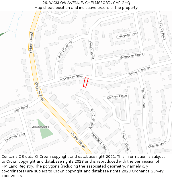 26, WICKLOW AVENUE, CHELMSFORD, CM1 2HQ: Location map and indicative extent of plot