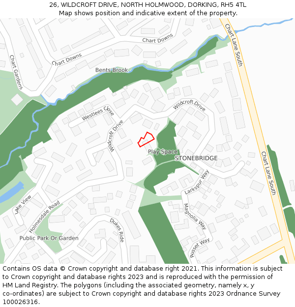 26, WILDCROFT DRIVE, NORTH HOLMWOOD, DORKING, RH5 4TL: Location map and indicative extent of plot