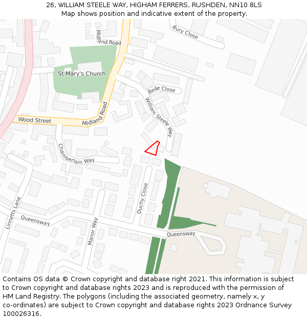 26, WILLIAM STEELE WAY, HIGHAM FERRERS, RUSHDEN, NN10 8LS: Location map and indicative extent of plot