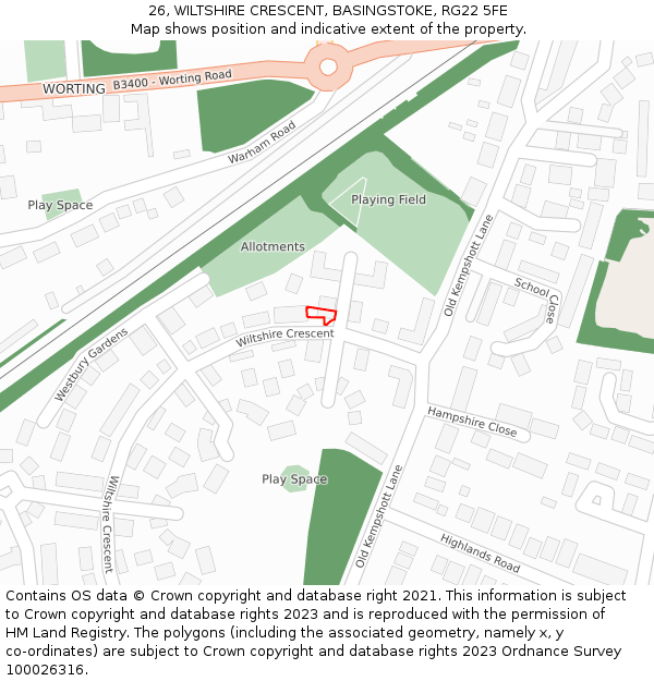 26, WILTSHIRE CRESCENT, BASINGSTOKE, RG22 5FE: Location map and indicative extent of plot