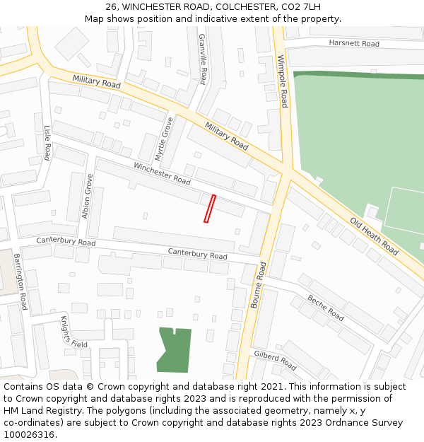 26, WINCHESTER ROAD, COLCHESTER, CO2 7LH: Location map and indicative extent of plot