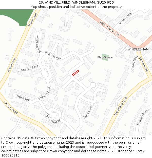 26, WINDMILL FIELD, WINDLESHAM, GU20 6QD: Location map and indicative extent of plot