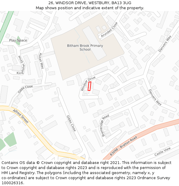 26, WINDSOR DRIVE, WESTBURY, BA13 3UG: Location map and indicative extent of plot
