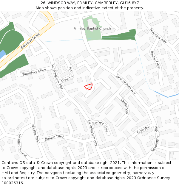 26, WINDSOR WAY, FRIMLEY, CAMBERLEY, GU16 8YZ: Location map and indicative extent of plot