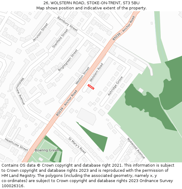 26, WOLSTERN ROAD, STOKE-ON-TRENT, ST3 5BU: Location map and indicative extent of plot