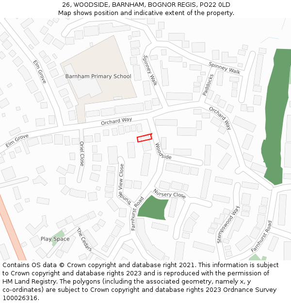 26, WOODSIDE, BARNHAM, BOGNOR REGIS, PO22 0LD: Location map and indicative extent of plot