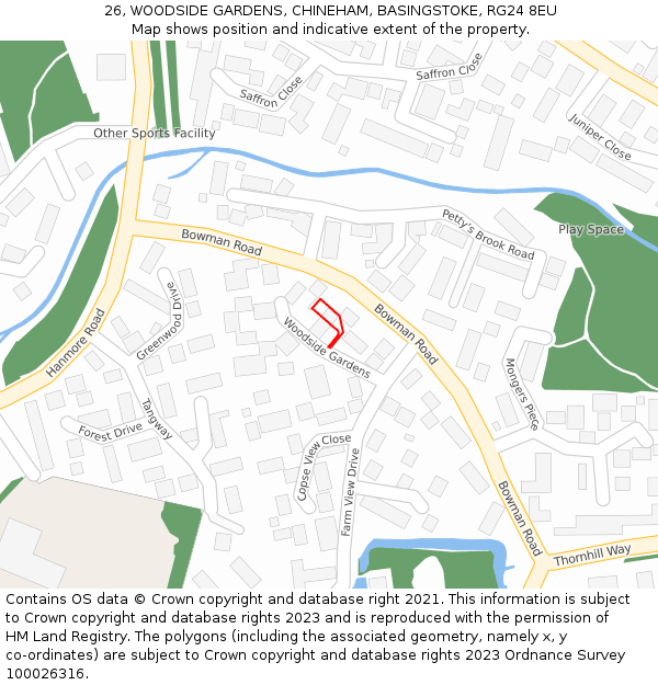 26, WOODSIDE GARDENS, CHINEHAM, BASINGSTOKE, RG24 8EU: Location map and indicative extent of plot