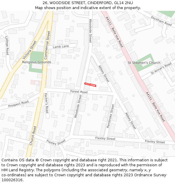 26, WOODSIDE STREET, CINDERFORD, GL14 2NU: Location map and indicative extent of plot