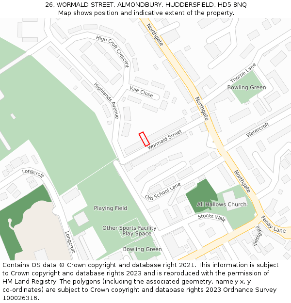 26, WORMALD STREET, ALMONDBURY, HUDDERSFIELD, HD5 8NQ: Location map and indicative extent of plot