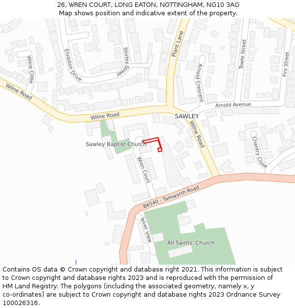 26, WREN COURT, LONG EATON, NOTTINGHAM, NG10 3AG: Location map and indicative extent of plot