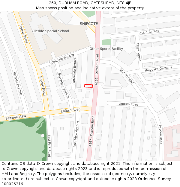 260, DURHAM ROAD, GATESHEAD, NE8 4JR: Location map and indicative extent of plot