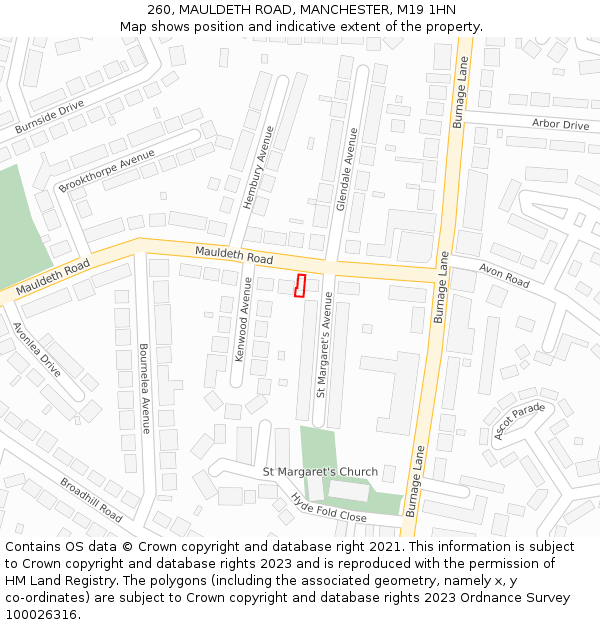 260, MAULDETH ROAD, MANCHESTER, M19 1HN: Location map and indicative extent of plot