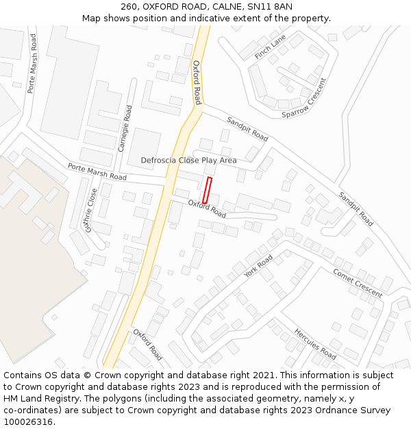 260, OXFORD ROAD, CALNE, SN11 8AN: Location map and indicative extent of plot