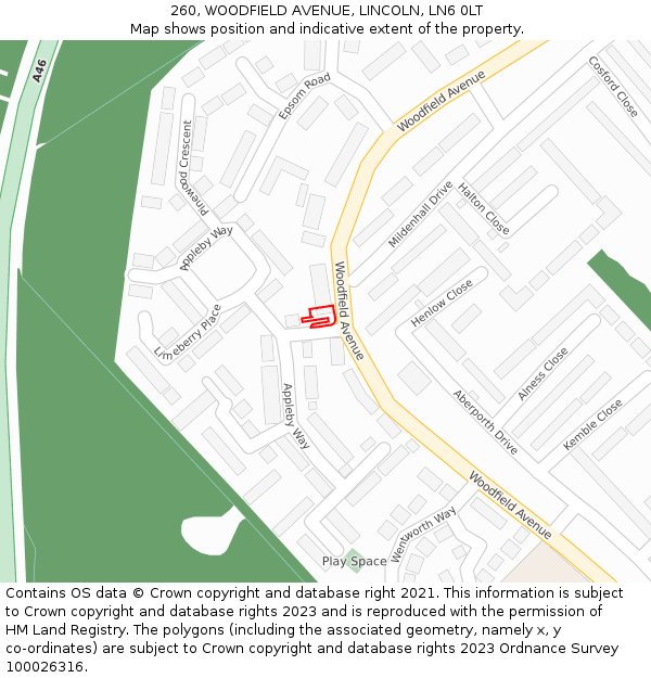 260, WOODFIELD AVENUE, LINCOLN, LN6 0LT: Location map and indicative extent of plot