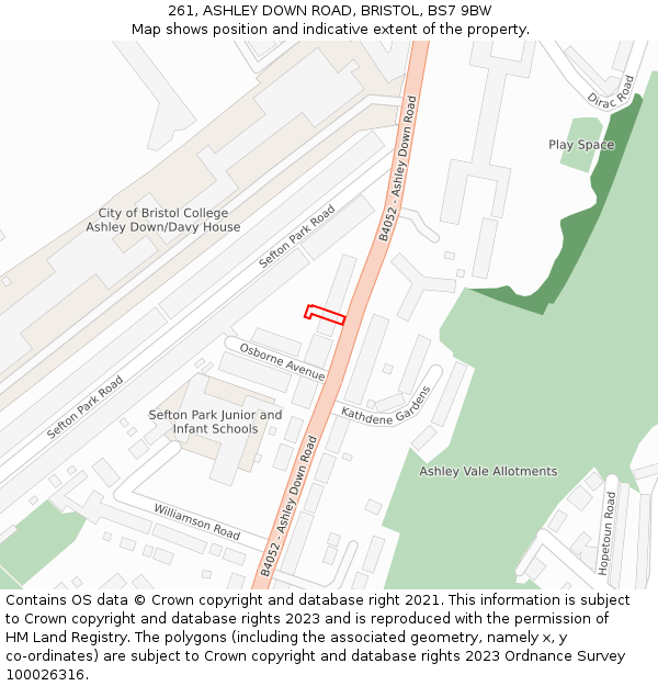 261, ASHLEY DOWN ROAD, BRISTOL, BS7 9BW: Location map and indicative extent of plot