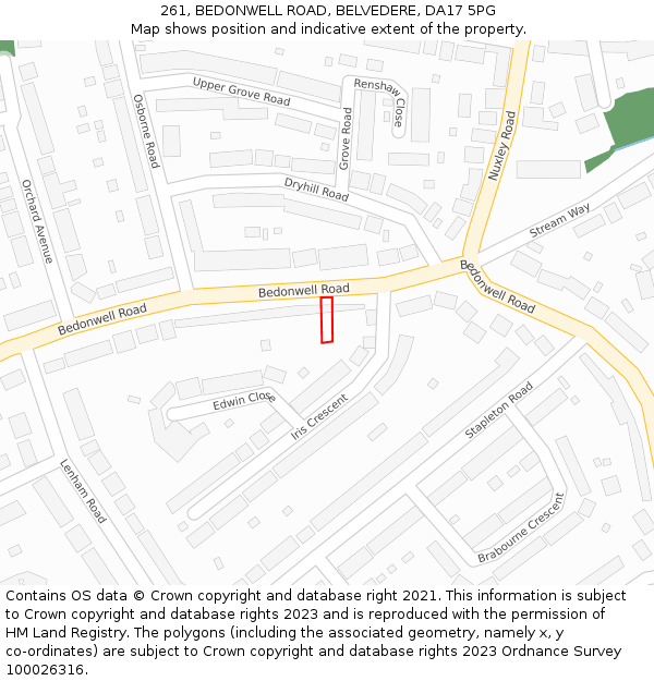 261, BEDONWELL ROAD, BELVEDERE, DA17 5PG: Location map and indicative extent of plot