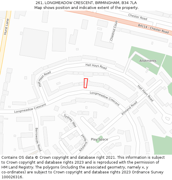 261, LONGMEADOW CRESCENT, BIRMINGHAM, B34 7LA: Location map and indicative extent of plot