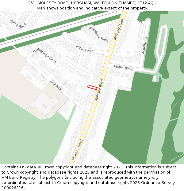 261, MOLESEY ROAD, HERSHAM, WALTON-ON-THAMES, KT12 4QU: Location map and indicative extent of plot