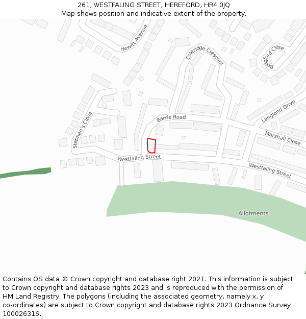 261, WESTFALING STREET, HEREFORD, HR4 0JQ: Location map and indicative extent of plot