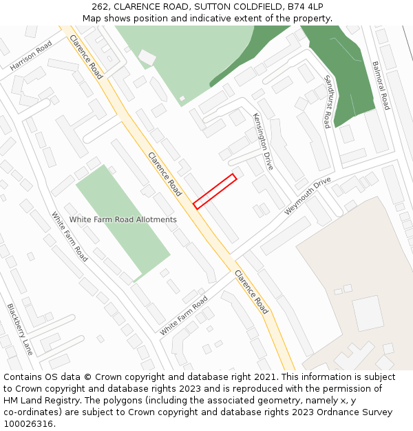 262, CLARENCE ROAD, SUTTON COLDFIELD, B74 4LP: Location map and indicative extent of plot