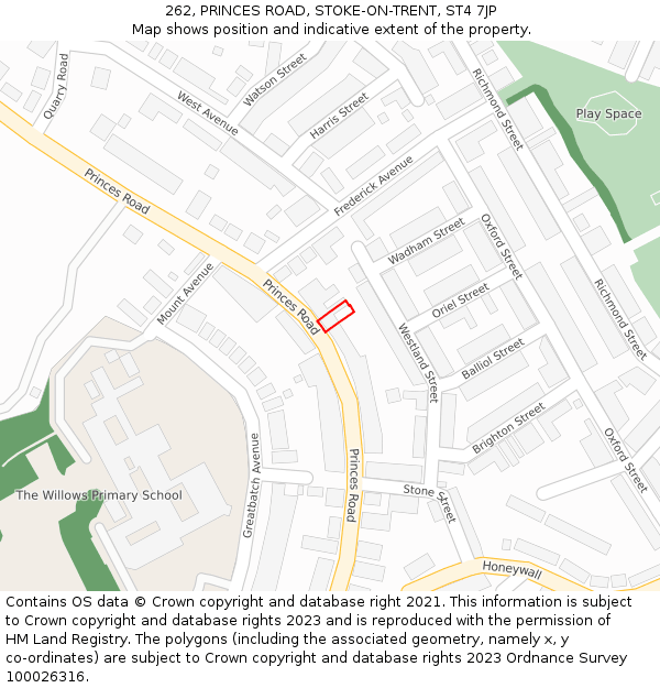 262, PRINCES ROAD, STOKE-ON-TRENT, ST4 7JP: Location map and indicative extent of plot