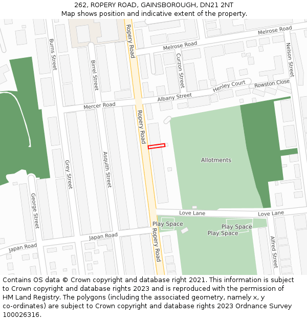 262, ROPERY ROAD, GAINSBOROUGH, DN21 2NT: Location map and indicative extent of plot
