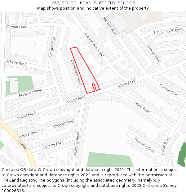 262, SCHOOL ROAD, SHEFFIELD, S10 1GP: Location map and indicative extent of plot