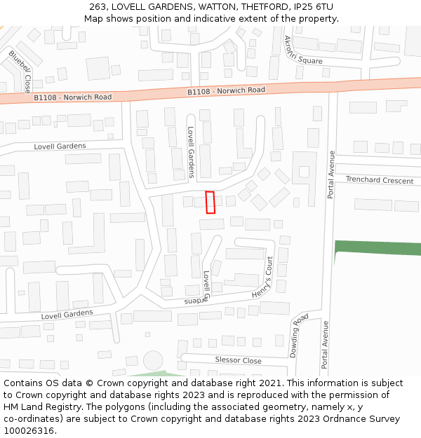 263, LOVELL GARDENS, WATTON, THETFORD, IP25 6TU: Location map and indicative extent of plot