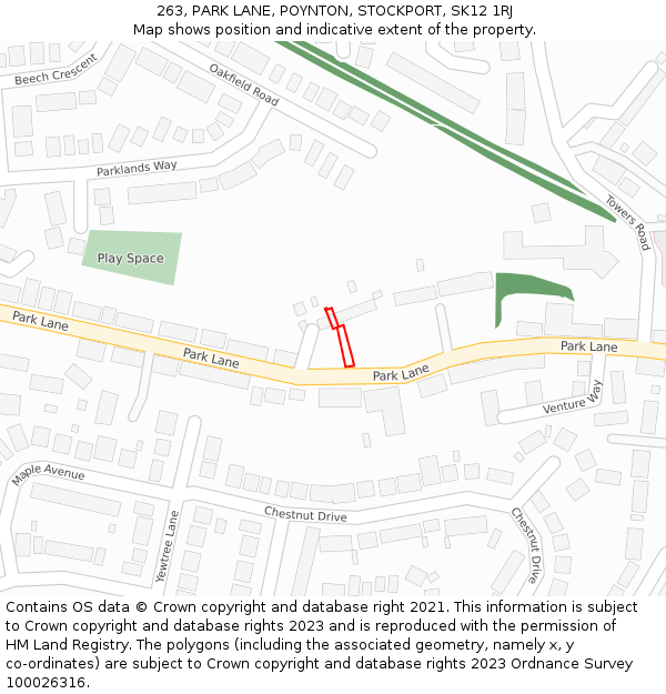 263, PARK LANE, POYNTON, STOCKPORT, SK12 1RJ: Location map and indicative extent of plot