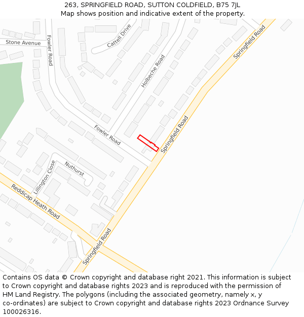263, SPRINGFIELD ROAD, SUTTON COLDFIELD, B75 7JL: Location map and indicative extent of plot
