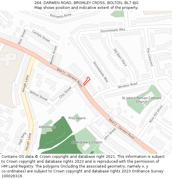 264, DARWEN ROAD, BROMLEY CROSS, BOLTON, BL7 9JG: Location map and indicative extent of plot