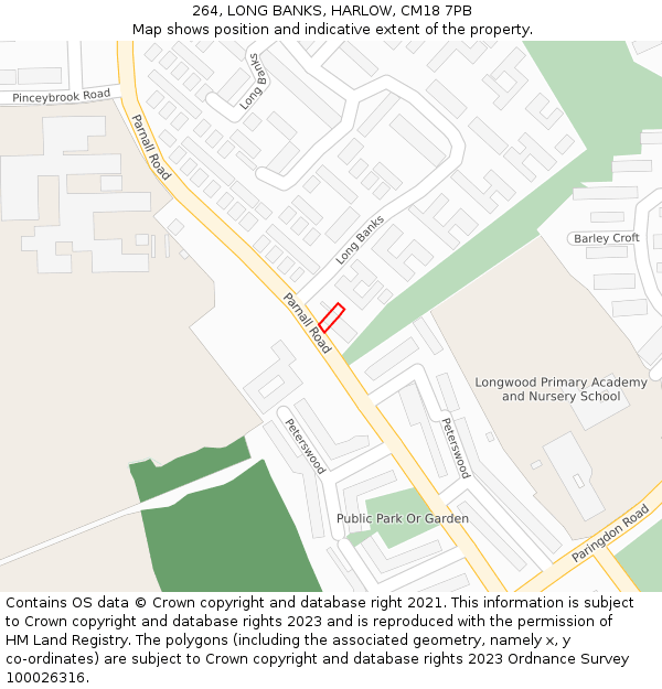 264, LONG BANKS, HARLOW, CM18 7PB: Location map and indicative extent of plot